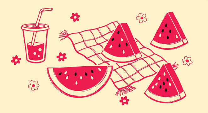 A retro-style line art vector illustration features vibrant pink watermelon slices, a fringed checkered picnic blanket, and a cold iced drink with a straw against a pale yellow background.