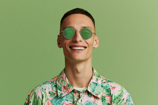 Young man wearing mirrored round sunglasses and a colorful floral shirt, smiling against a solid green background, showcasing a vibrant summer fashion style
