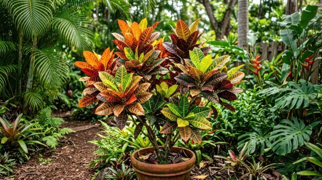A vibrant tropical garden with a variety of lush green plants and a large, colorful croton plant in the foreground.