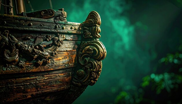 Intricately carved ornate wooden pirate ship prow with ancient detailed carvings, set against a dark, misty, atmospheric sea background