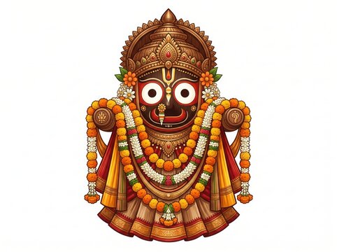 Lord Jagannath Adorned with Sacred Garlands and Ceremonial Attire Celebrating Odisha Temple Traditions Ratha Yatra Heritage Hindu Devotion and Spiritual Culture