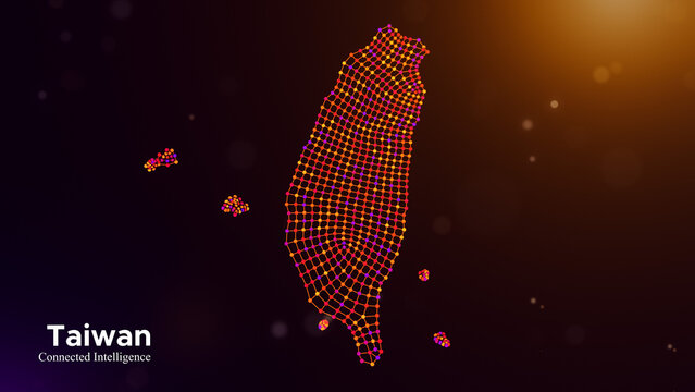 Taiwan connected intelligence concept featuring a digital node network map, linked data structures, and modern typography against a glowing purple orange technology background.