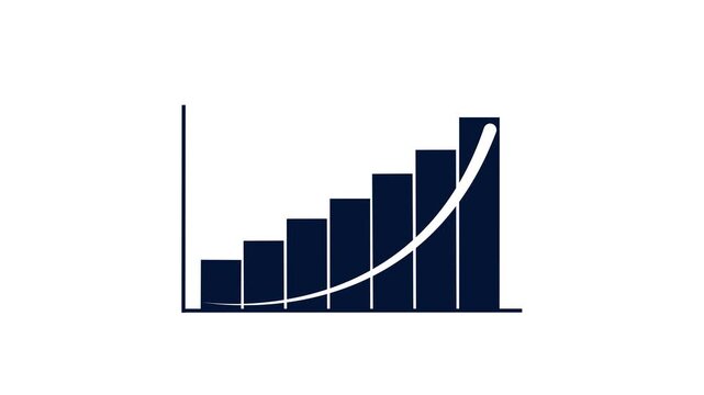 Dark blue bar graph with a curved upward trend line. Corporate dark blue bar graph for annual financial reporting files. Professional dark blue bar graph on white.