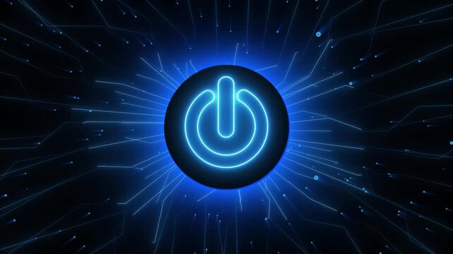 Bright blue power button symbol in a digital network. Technical bright blue power button symbol for system initialization menus. Modern bright blue power button symbol.