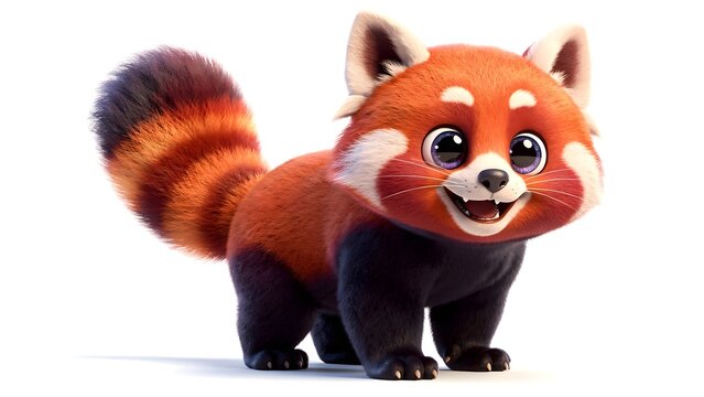 Adorable red panda cartoon character with fluffy tail and big expressive eyes, isolated on white background in premium 3D animation style.