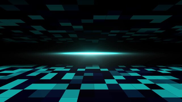 Teal and dark blue pixelated grid with bright horizon. Creative teal and dark blue pixelated grid for virtual reality landscapes. Tech teal and dark blue pixelated grid.
