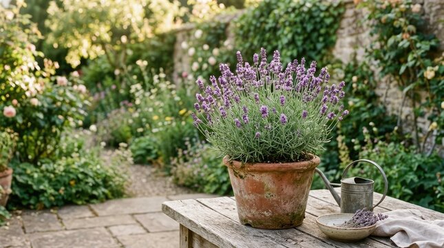 A lavender plant in a terracotta pot on a wooden table in a garden setting, with a watering can and a bowl of lavender flowers.