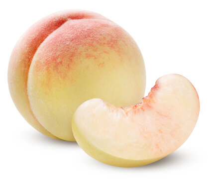 Melting texture White Peach with sliced isolated on white background, Japanese White Peach fruits with clipping path.