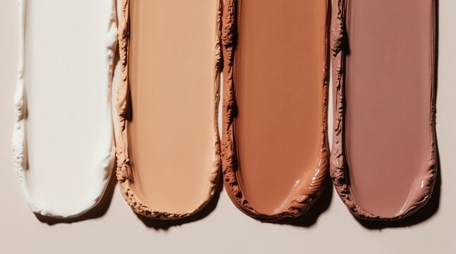 Four creamy makeup swatches in neutral earthy tones show texture and color variations. Foundation shades are blended for skin tone matching and beauty aesthetic. Soft smooth cosmetic smears.