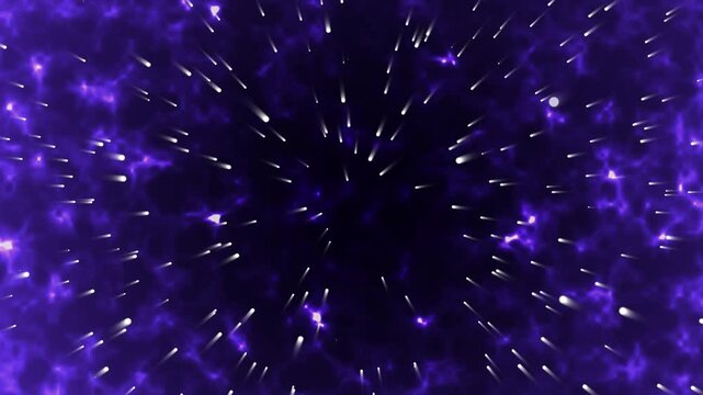 Cosmic purple nebula with streaking white lights on dark. Creative cosmic purple nebula for sci fi outer space exploration. Beautiful cosmic purple nebula background.