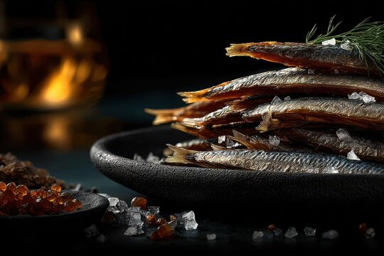 Deliciously smoked capelin garnished with herbs and coarse salt on a dark rustic table setting