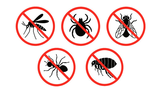 Set of no insect warning icons with mosquito tick fly ant flea