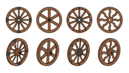 Set of antique wooden wagon wheels in hand drawn vector style © Alan