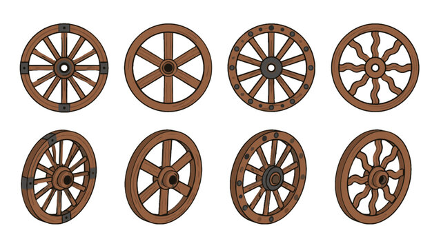 Set of antique wooden wagon wheels in hand drawn vector style