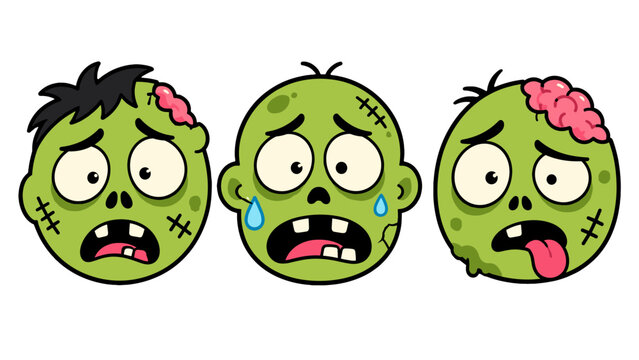 Three cartoon zombie face emojis with anxious expressions