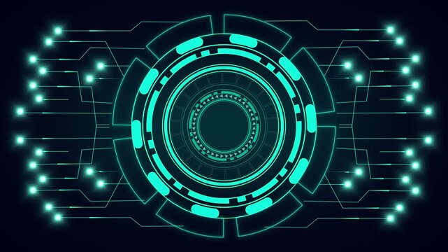 Teal circular technological interface with circuit elements. Advanced teal circular technological interface for mainframes. Tech teal circular technological interface.