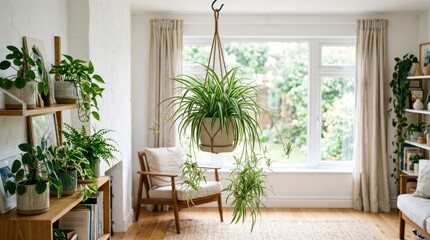 Fototapeta premium A cozy living room with a hanging plant, a bookshelf, and a window, featuring a mix of green and white colors.