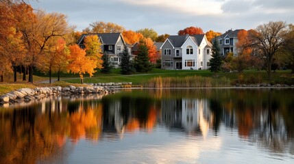 Fototapeta premium Fall tranquility reflected in a serene lake with vibrant houses and trees showcasing nature's colorful palette