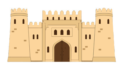 Traditional fort facade with towers and arched gate icon © Alan