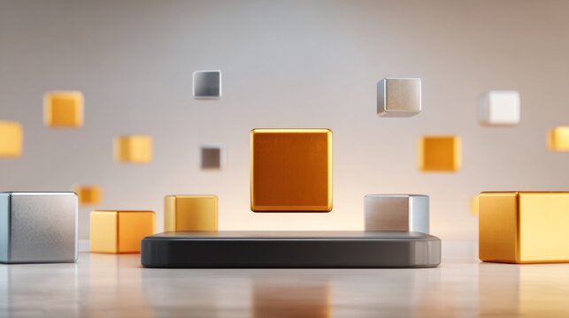 Numerous metallic cubes float around a central dark platform in abstract presentation