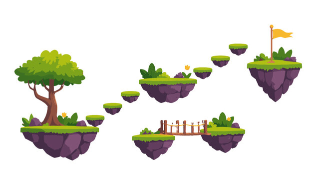 Fantasy platform game level with floating islands and goal flag