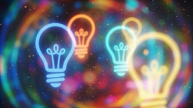 Colorful glowing light bulb icons floating in an abstract neon environment, representing creativity, innovation and inspiration with vibrant illumination, soft blur and futuristic energy.