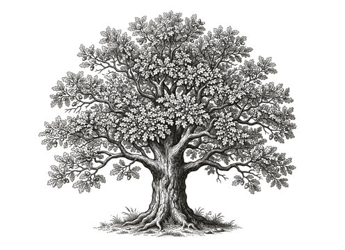 Full, bushy tree with branches and roots, vintage engraved illustration