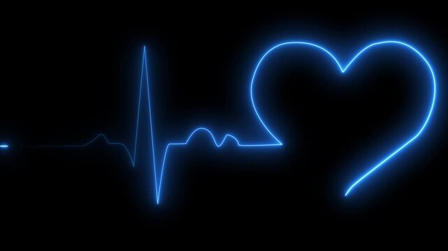 Abstract neon heartbeat signal icon animation background. Heart beat. Electrocardiogram. One pulse line. ECG heartbeat monitor, cardiogram heart pulse line wave.