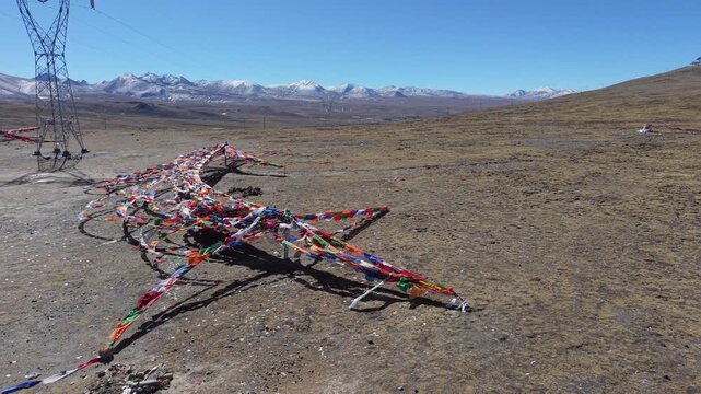 Aerial drone view of Gyatso La Pass, one of the highest highway mountain passes on the route to Mount Everest North Base Camp in Tibet, China.
