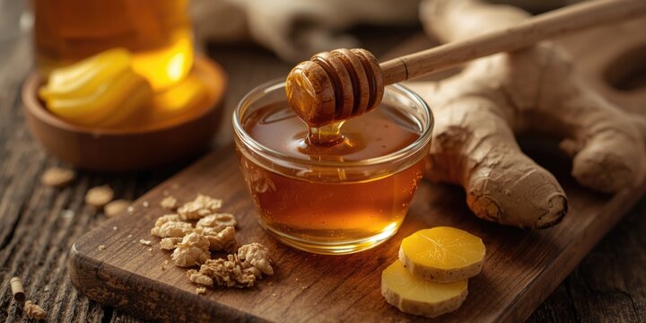 Organic honey served with sliced spicy ginger root