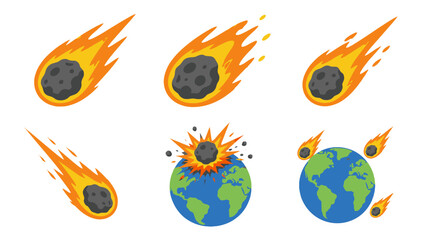 Flat vector set of burning meteors and asteroid impact on Earth © Alan