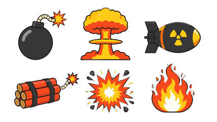 Cartoon bomb, mushroom cloud, dynamite and fire icon set © Alan