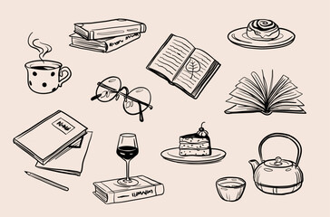 Fototapeta na wymiar Vector cute hand drawn ink style book club gathering elements - stacked and open books, glasses, teapot, cinnamon bun, cake