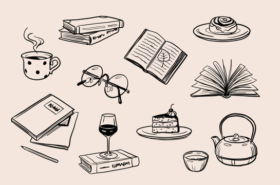 Vector cute hand drawn ink style book club gathering elements - stacked and open books, glasses, teapot, cinnamon bun, cake