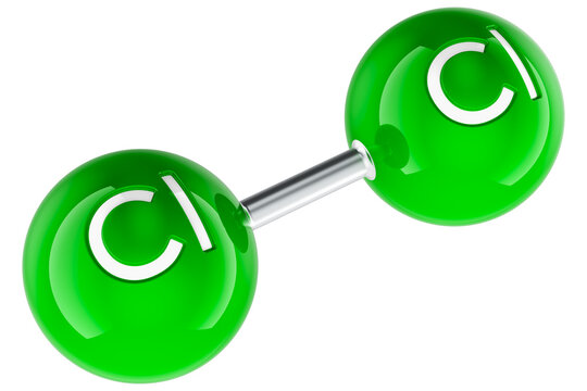 Molecule model of chlorine Cl2, transparent background.