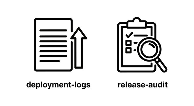 Deployment logs and release audit documentation line icons with deployment document checklist magnifying inspection compliance software development technical analysis verification