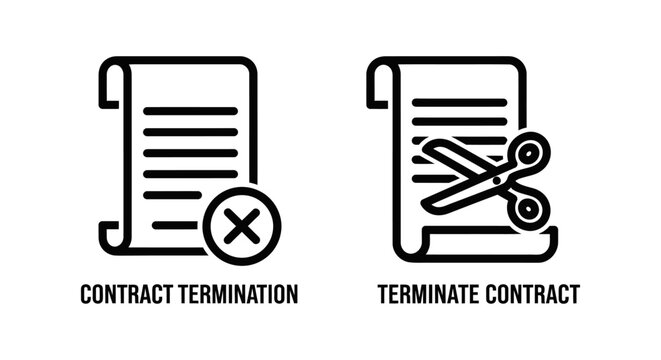 Contract termination and legal agreement cancellation linear icon set for business documentation with contract termination agreement cancellation document business scissors rejected