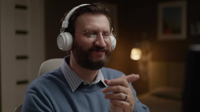 Smiling man wearing headphones claps joyfully and looks at webcam or computer screen. Close-up