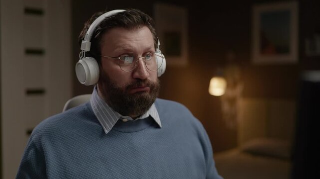Puzzled man wearing headphones shows he does not know. Close-up