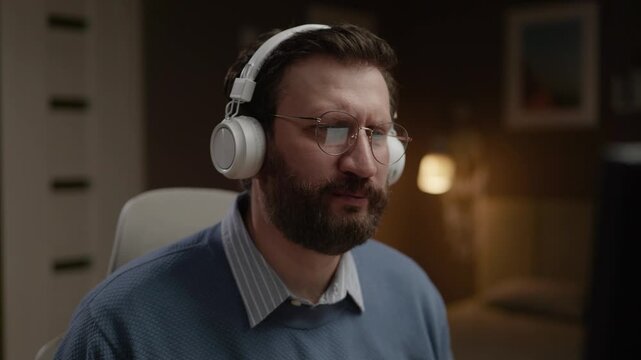 Serious man in headphones looks at computer screen or webcam and casually gestures his right hand. Close-up