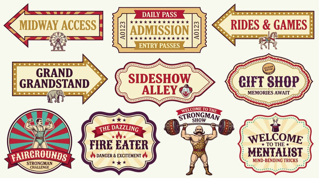 Collection of vintage carnival and fairground signage, including admission, rides, food, and entertainment