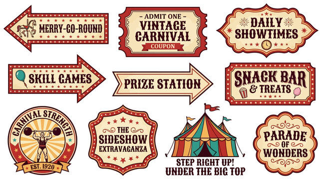 Collection of retro circus and carnival signs with vintage illustrations of attractions, games, and food stands