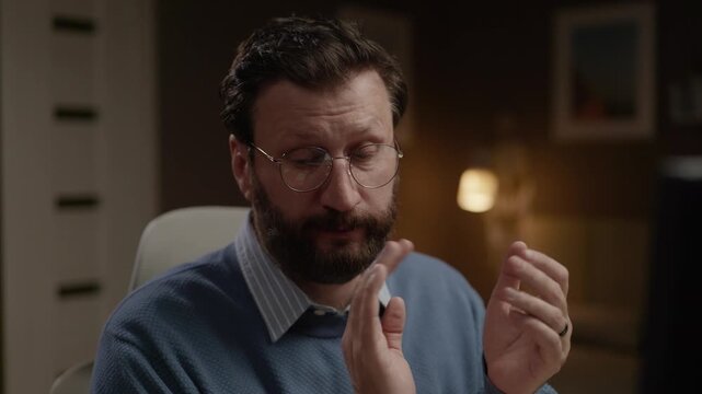 Man looks at computer screen and claps sarcastically, showing his displeasure. Close-up