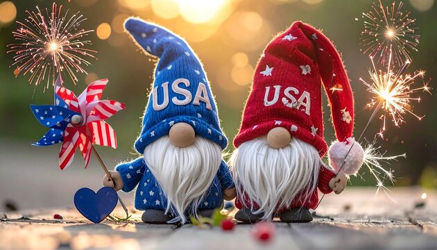 A patriotic scene with two gnomes in USA-themed hats