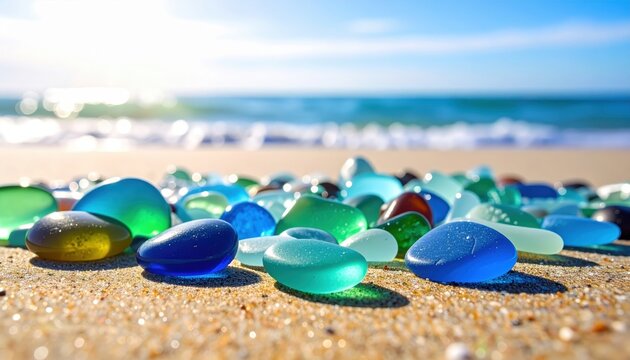 Assorted Beach Worn Sea Glass Gems Gleaming on Sandy Shore with Ocean Horizon