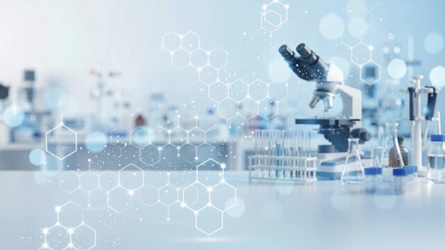 Modern laboratory with microscope, test tubes and molecular structures overlay. Scientific research, biotechnology, healthcare innovation and pharmaceutical development.
