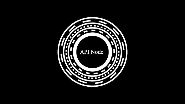 Futuristic HUD loading element with rotating digital circle and spinning tech interface lines featuring API Node text animation on isolated black background