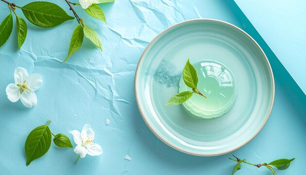 水色の和紙を背景に、右手前八分の一の位置へ小皿に盛られた夏の和菓子が配置されている。
涼しげな色合いと和紙の繊細な質感が、日本の夏らしい上品な雰囲気を演出する。
広い余白を活かした構図で、季節の挨拶や販促素材にも使いやすい。
和菓子、茶道、夏の風物詩、日本文化をテーマにした素材として活用できる
