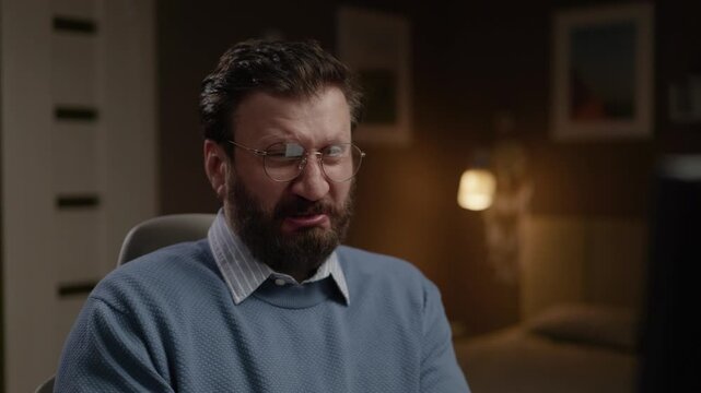 Man is disgusted by what he sees on computer. Close-up