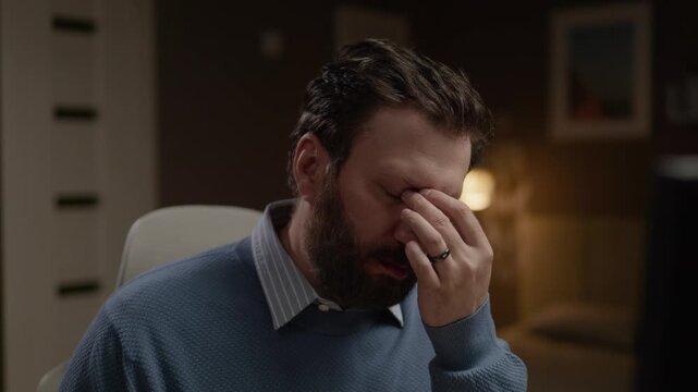 Tired male freelancer touches his tired eyes with his hand. Close-up
